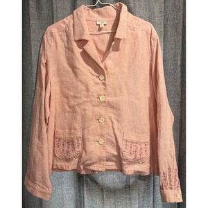 J.Jill Embroidered Jacket Blazer 100% Linen Long Sleeve Button Up‎ Pink L Floral